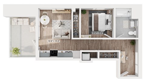 Floor plan for 1 bed, 1 bath, 590 sqft